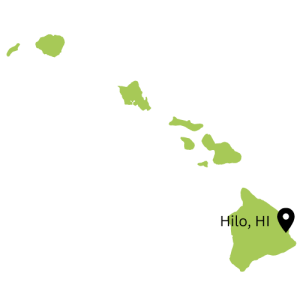 map of HI with location marker at Hilo, HI