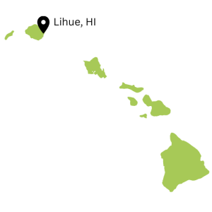 map of HI with location marker at Lihue, HI